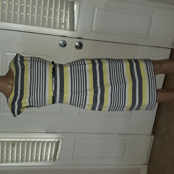 Calvin Klein 2 striped pencil dress darted pleats belt - Picture 4 of 7